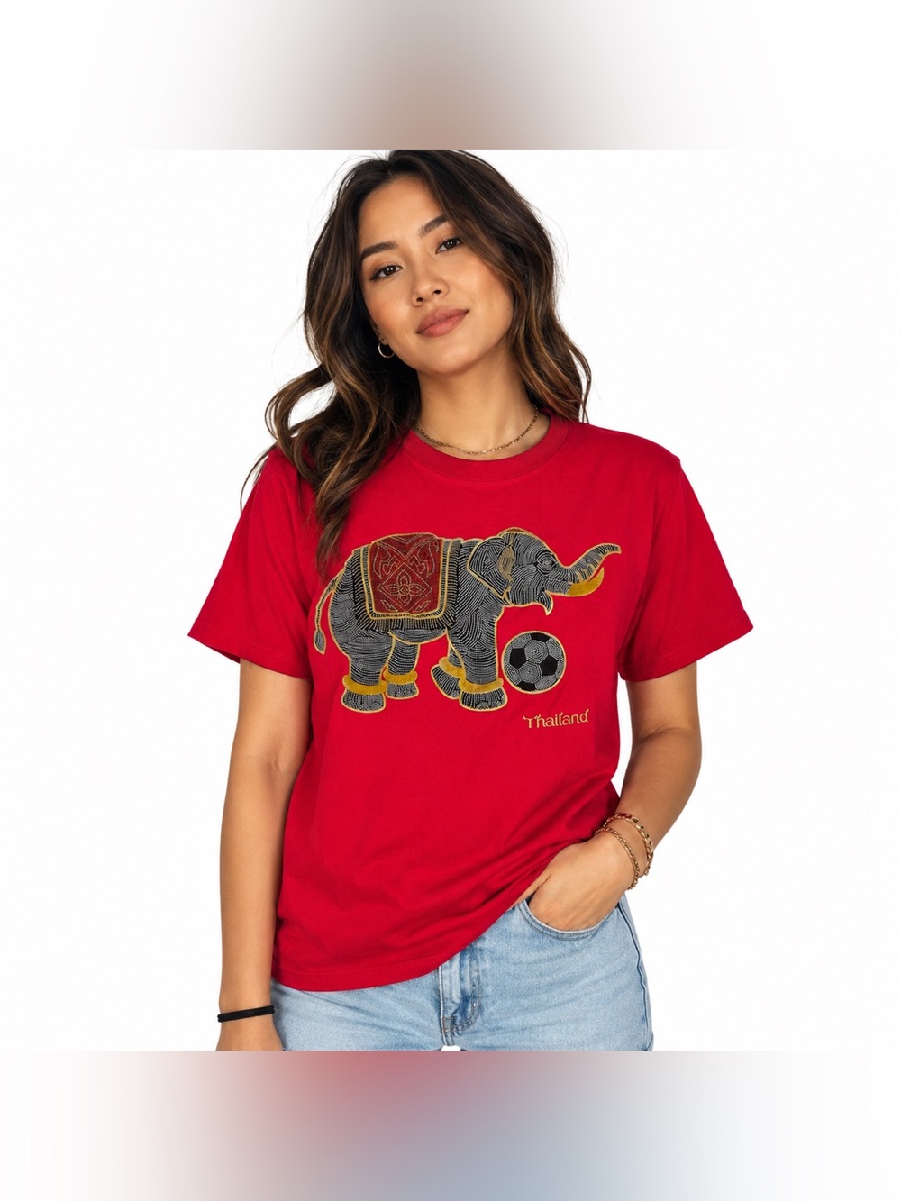 Thailand Elephant Soccer Graphic T-Shirt Red 100% Cotton Size XL
